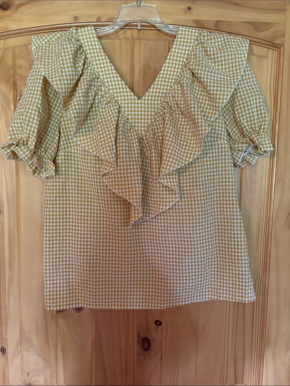 Gingham Ruffle V-Neck Women's Top - Yellow